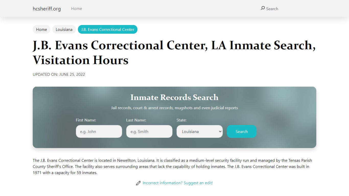 J.B. Evans Correctional Center , LA Inmate Search, Visitation Hours