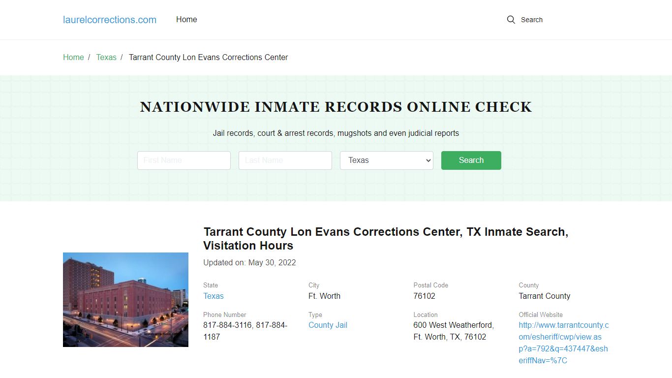 Tarrant County Lon Evans Corrections Center, TX Inmate Search ...